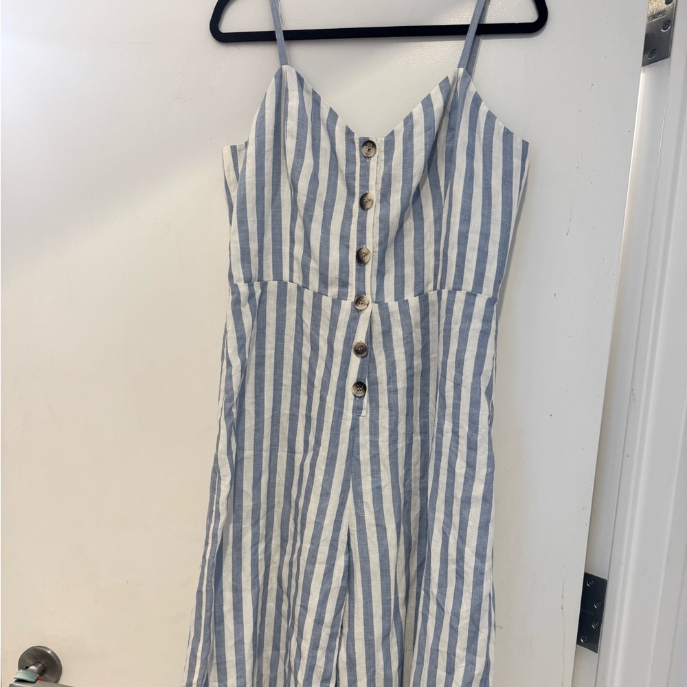 LIKE NEW REFORMATION (NO TAGS) Summer Blue and White Striped Jumpsuit - Picture 1 of 5